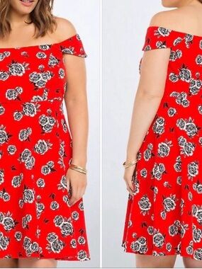 Torrid NWT Red, Black, and White Off-Shoulder Floral Fit-and-Flare Dress